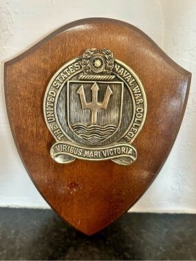 Vintage US Naval War College Metal Plaque On Wood 8”